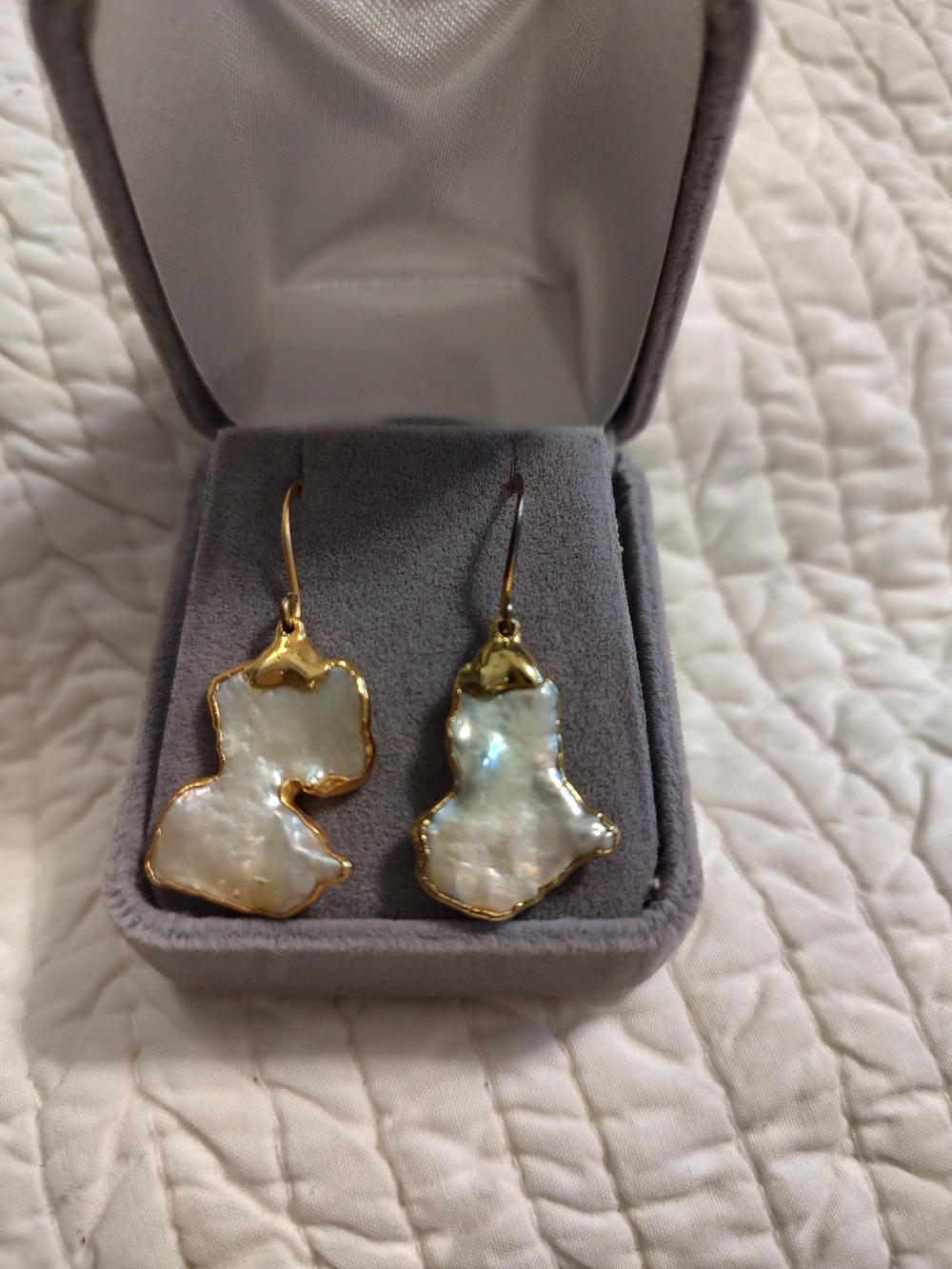 Gold-Trim White Mother-of-Pearl Drop Earrings